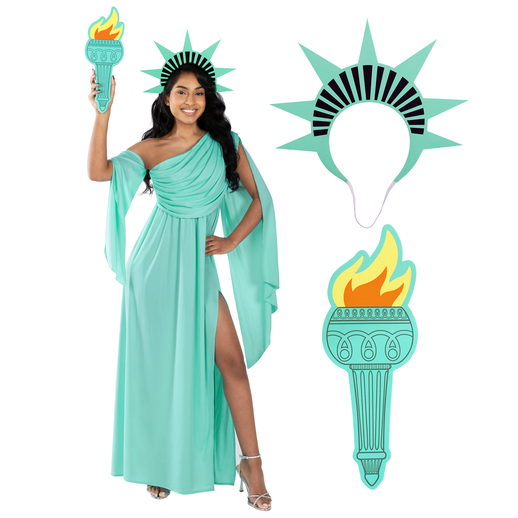 Costume Déesse Liberté - Couronne 7 Pointes Et Torche 12 Pouces - Accessoire Cosplay Adulte Pour Halloween, Fête Nationale