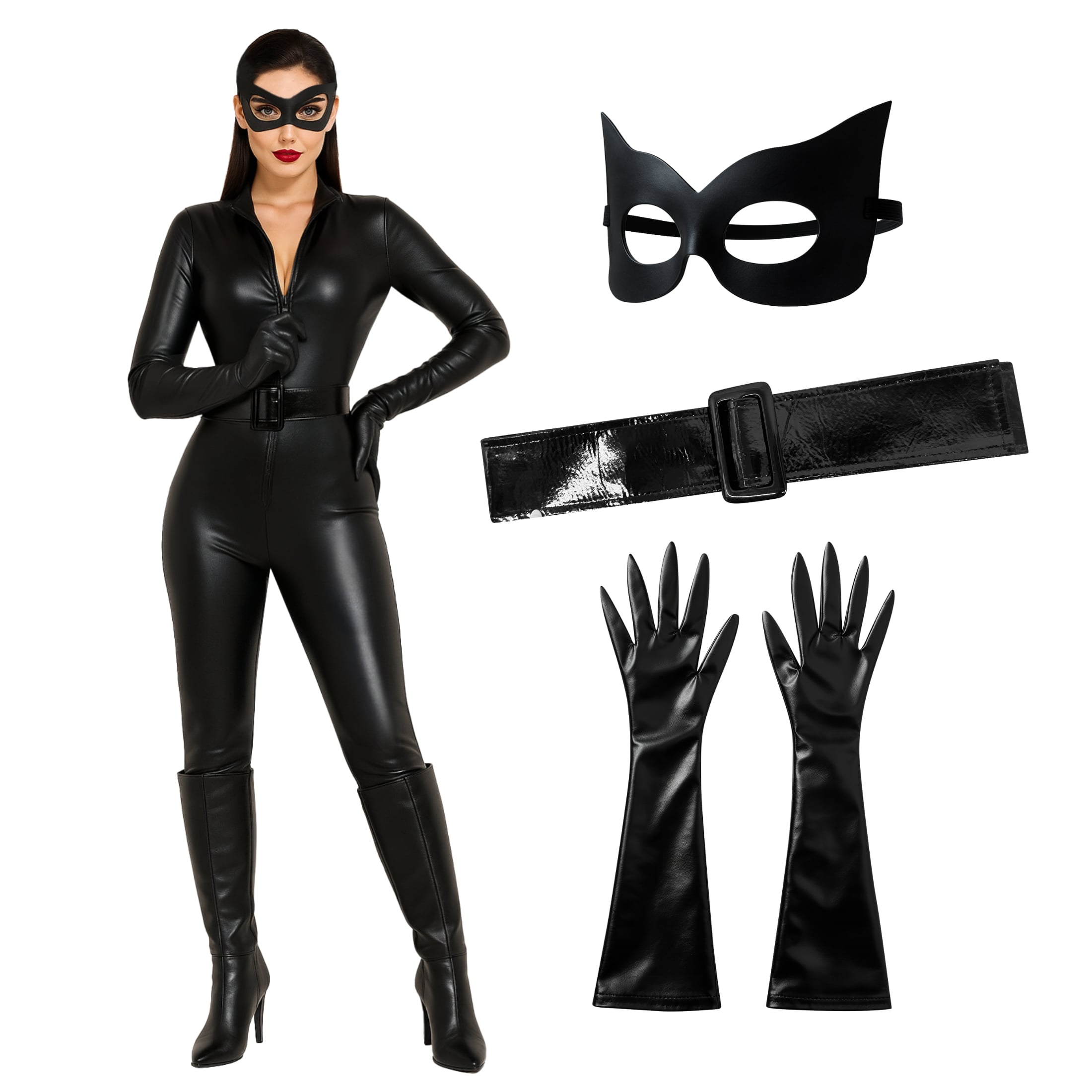 Costume De Chat Catwoman 6 Pièces – Serre-tête Oreilles, Masque, Collier, Gants, Queue – Pour Femme – Halloween, Cosplay, Fête Déguisée