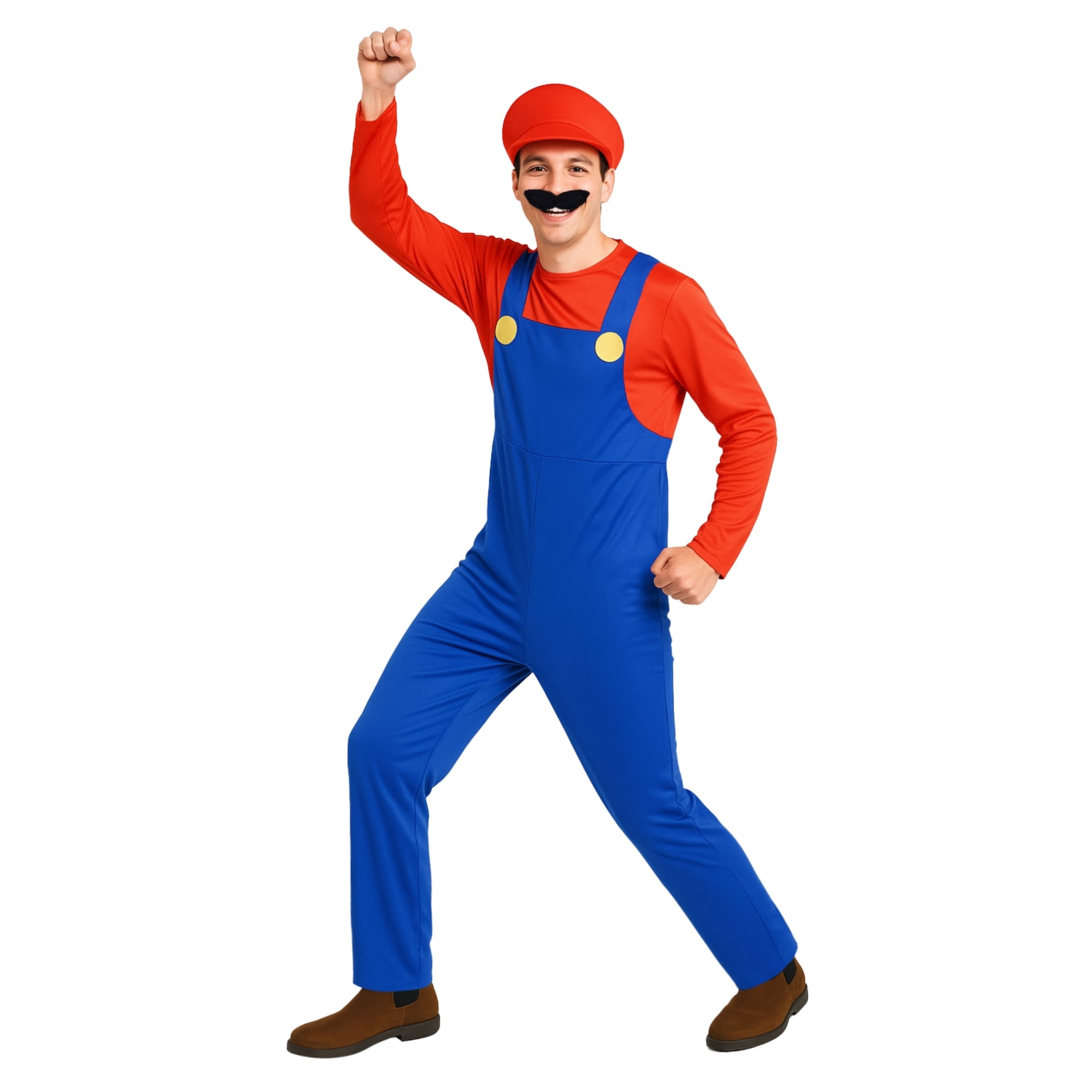 Mens red plumber-style jumpsuit costume with cap, moustache and blue dungarees
